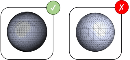STL resolution comparison — a smooth high-resolution sphere versus a faceted low-resolution sphere